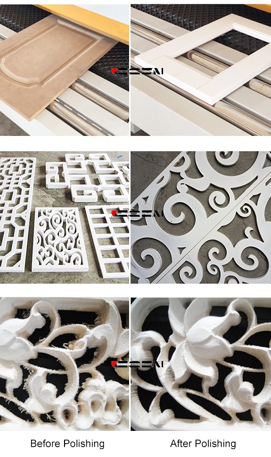 MDF door frame, raised panel and carved panel before and after polishing
