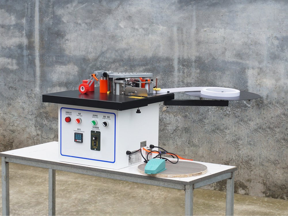 WFSEN MF170B portable edge bander set up on a bench in the workshop